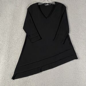Sympli Tunic Top Womens 6 Black Asymmetrical 3/4 Sleeve V Neck Blouse Lagenlook